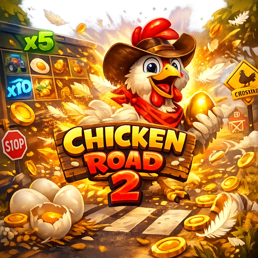 Promotional image for Chicken Road slot featuring a funny chicken, road lanes, eggs, and coins.